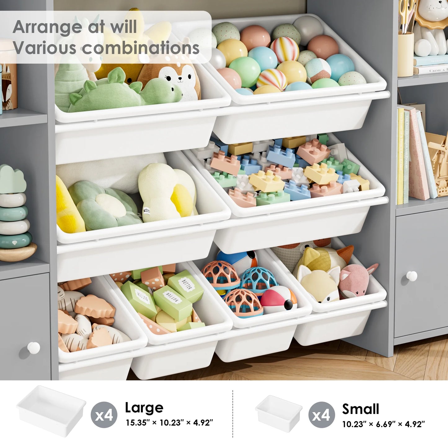 Kids Toy Organization Cubby Bookcase with 8 Bin, 2 Door Gray Storage Organizer Bookshelf for Children Room Playroom