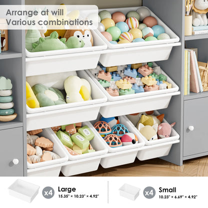 Kids Toy Organization Cubby Bookcase with 8 Bin, 2 Door Gray Storage Organizer Bookshelf for Children Room Playroom