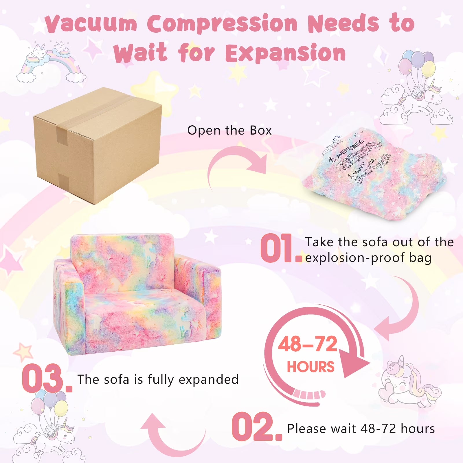 Glow-In-The-Dark Unicorn Toddler Sofa, 2-In-1 Foldable Plush Chair & Lounger for Kids Boys & Girls, Removable Washable Cover
