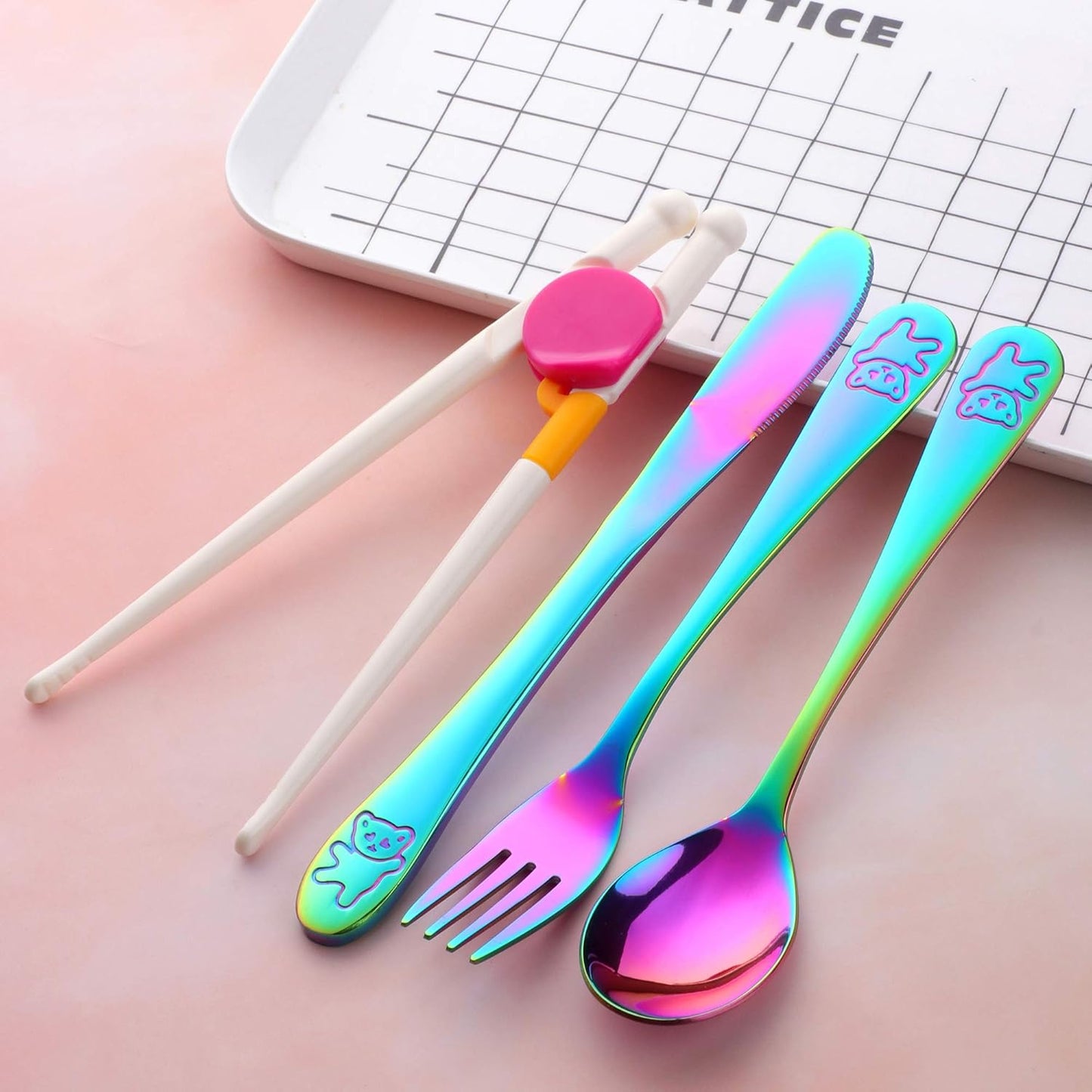 Stainless Steel Kids Silverware with Training Chopsticks, 12 Pieces Rainbow Toddler Utensils for 4-12 Years Old, Food Grade Metal Kids Utensils Set, Children Safe Flatware, Dishwasher Safe,