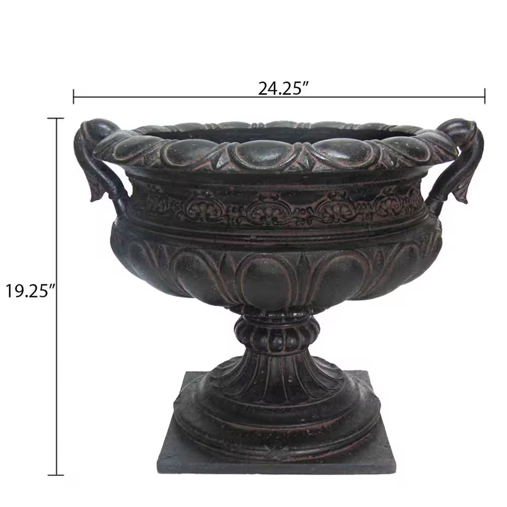 24-1/4 In. X 21 In. X 19-1/4 In. Cast Stone Fiberglass Urn with Handles in Aged Charcoal