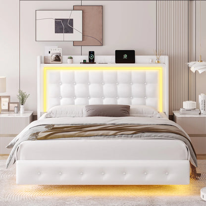 Queen Size Floating Bed with LED Lights Charging Station, Modern PU Upholstered Platform Bed with Storage Headboard, White