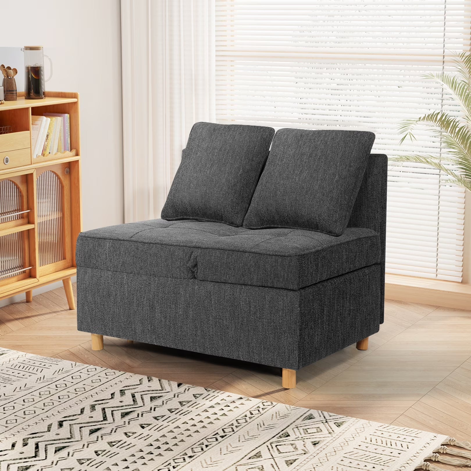 4-In-1 Convertible Chair Bed, Linen Sleeper Chair for Small Space, Futon Sofa Bed with 2 Throw Pillows for Living Room, Single Recliner with 5 Adjustable Backrest for Bedroom Apartment, Black