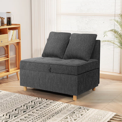 4-In-1 Convertible Chair Bed, Linen Sleeper Chair for Small Space, Futon Sofa Bed with 2 Throw Pillows for Living Room, Single Recliner with 5 Adjustable Backrest for Bedroom Apartment, Black