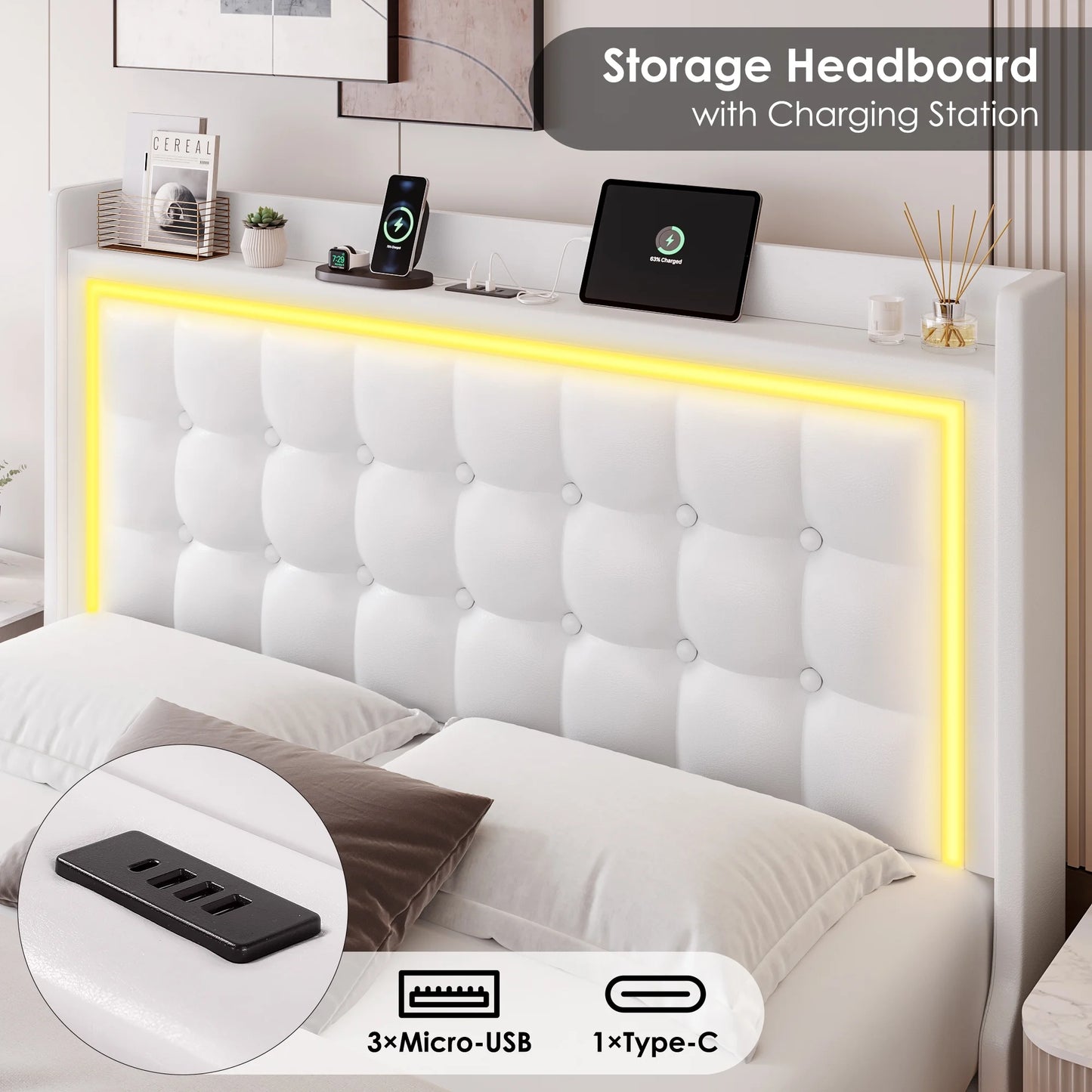 Queen Size Floating Bed with LED Lights Charging Station, Modern PU Upholstered Platform Bed with Storage Headboard, White