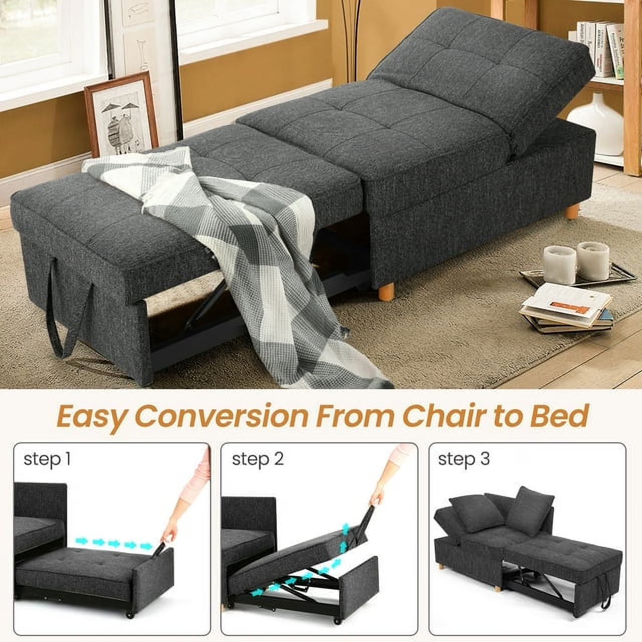 4-In-1 Convertible Chair Bed, Linen Sleeper Chair for Small Space, Futon Sofa Bed with 2 Throw Pillows for Living Room, Single Recliner with 5 Adjustable Backrest for Bedroom Apartment, Black
