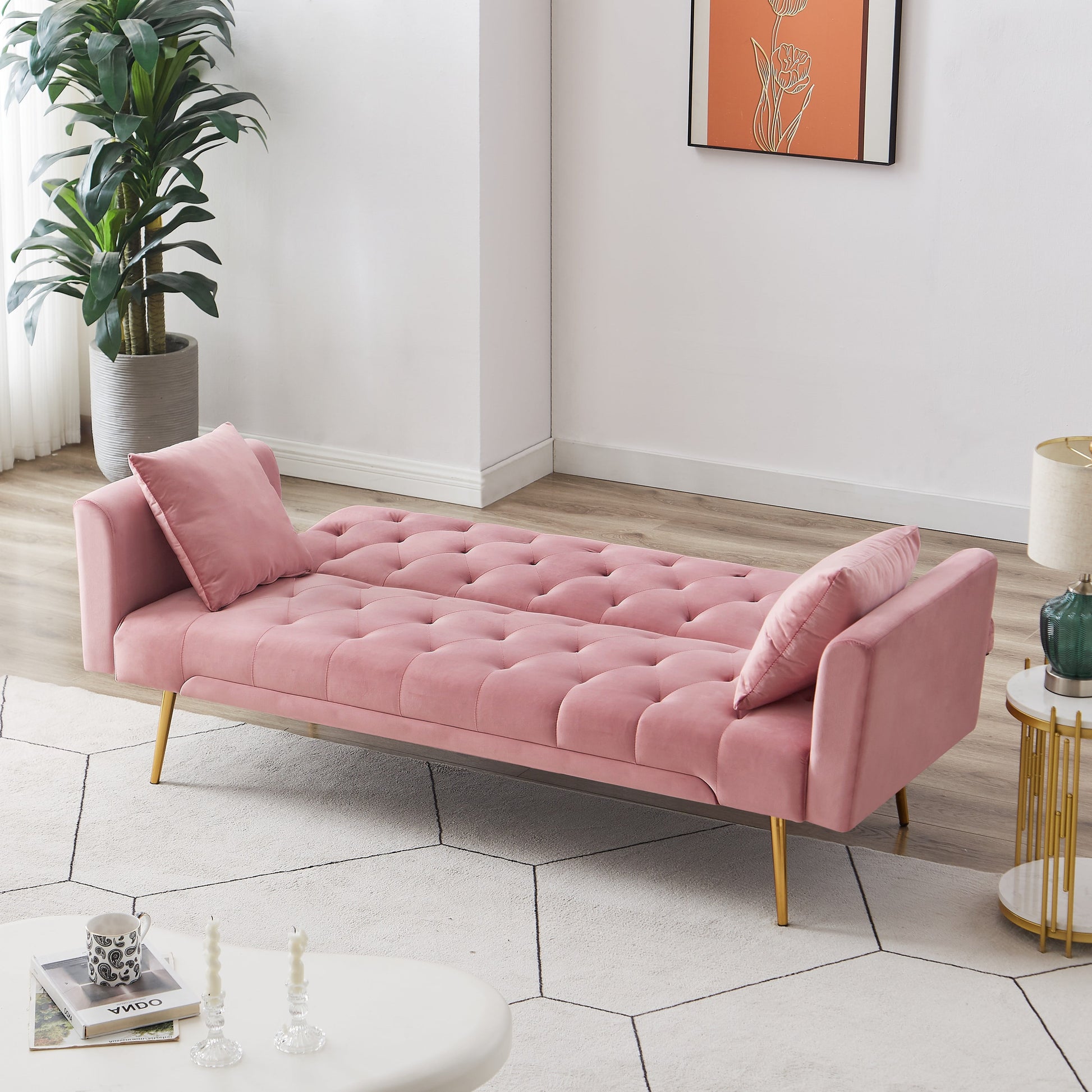 71 Inches Velvet Futon Sofa Bed with 2 Pillows,Modern Convertible Futon Couch with 3 Adjustable Backrest Angles and Gold Metal Feet,Suitable for Apartment,Living Room,Small Space,Pink