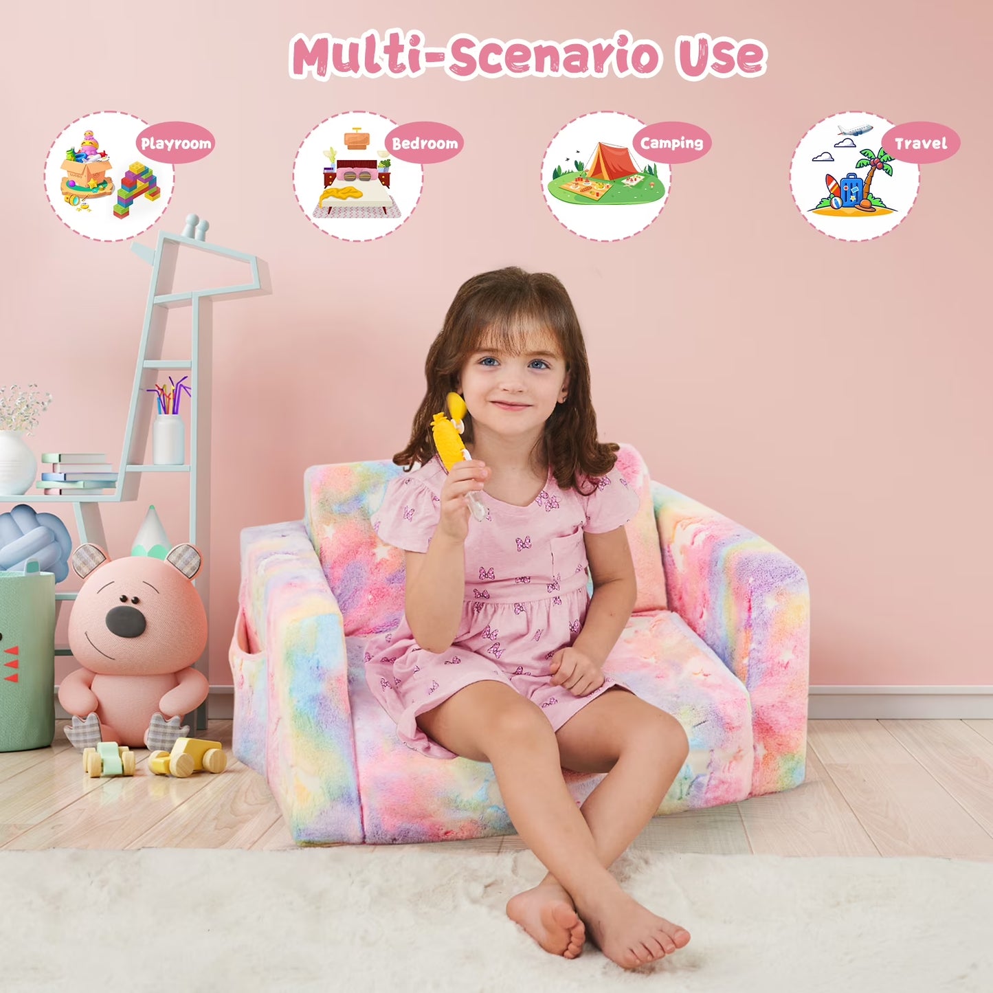 Glow-In-The-Dark Unicorn Toddler Sofa, 2-In-1 Foldable Plush Chair & Lounger for Kids Boys & Girls, Removable Washable Cover