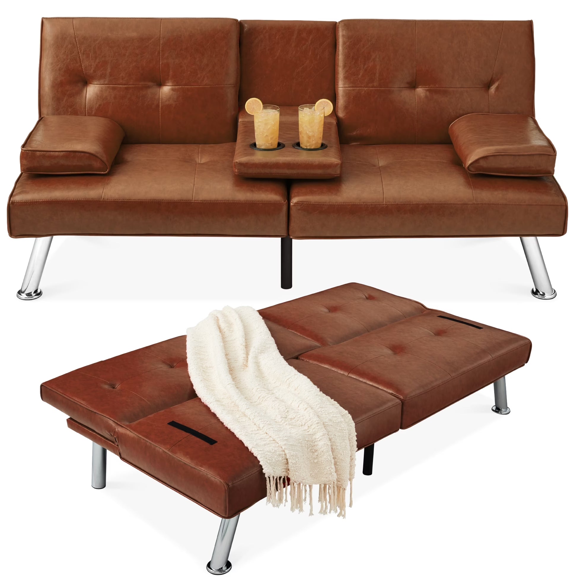 Modern Faux Leather Convertible Futon Sofa W/ Removable Armrests, 2 Cupholders - Medium Brown