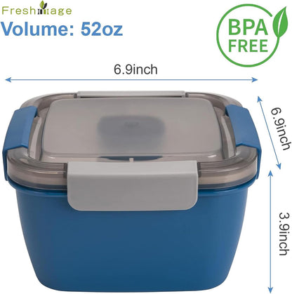 Salad Lunch Container to Go, 52-Oz Salad Bowls with 3 Compartments, Salad Dressings Container for Salad Toppings, Snacks, Men, Women (Blue)