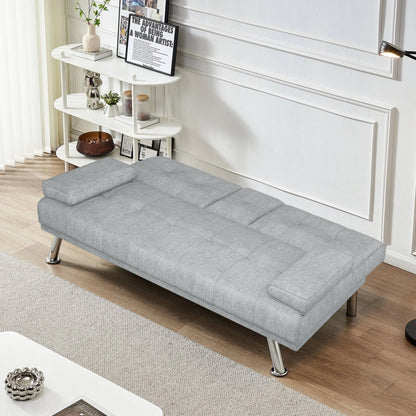 Modern Wood Convertible Futon Frame with Cupholders, Light Gray