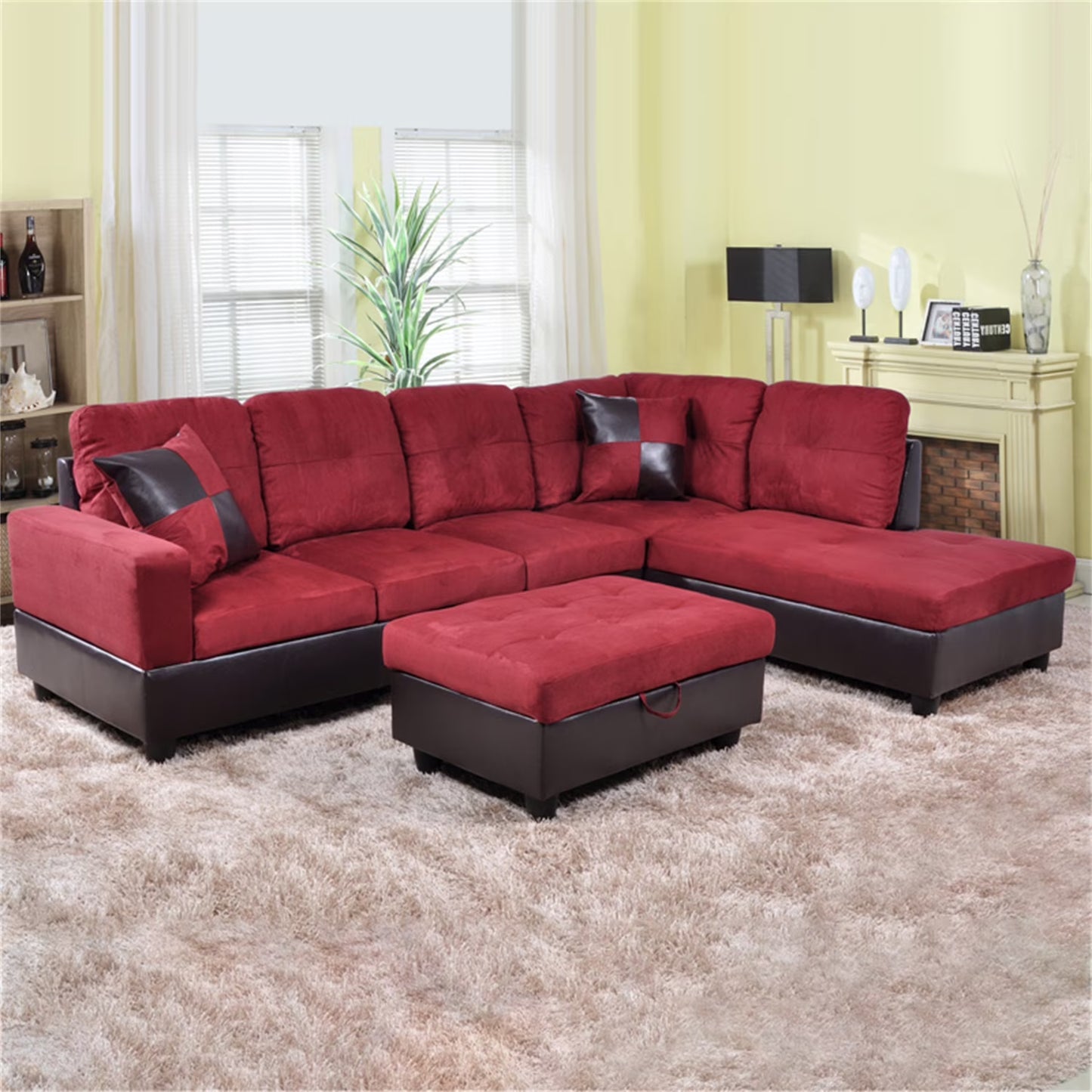 Flannel and PVC Sectional Sofa Couch Living Room Furniture Sets, Modern L Shaped Sectional Sofa Set, Red(No Ottoman)