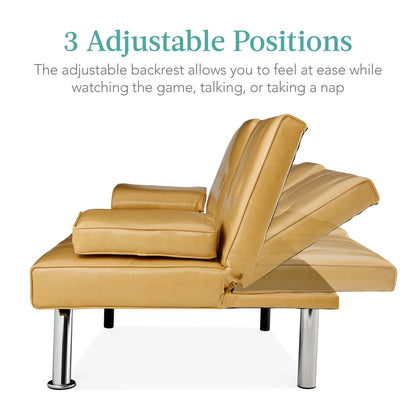 Modern Faux Leather Convertible Futon Sofa W/ Removable Armrests, 2 Cupholders - Camel Yellow