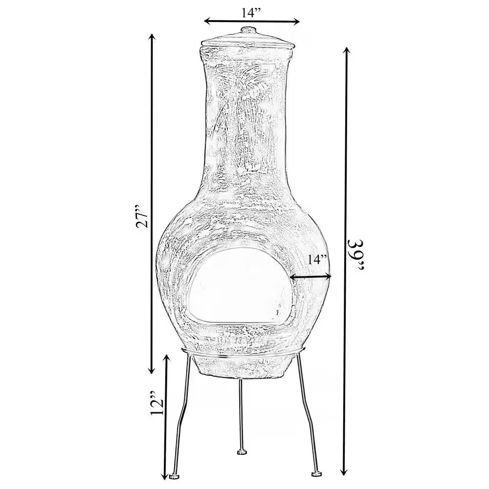 Outdoor Stoney Grey Clay Chimenea Scribbled Design Fire Pit with Metal Stand