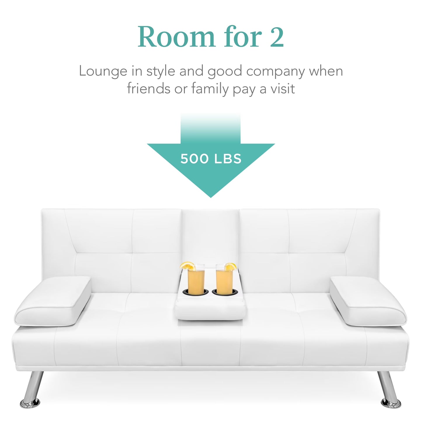 Modern Faux Leather Convertible Futon Sofa W/ Removable Armrests, 2 Cupholders - White