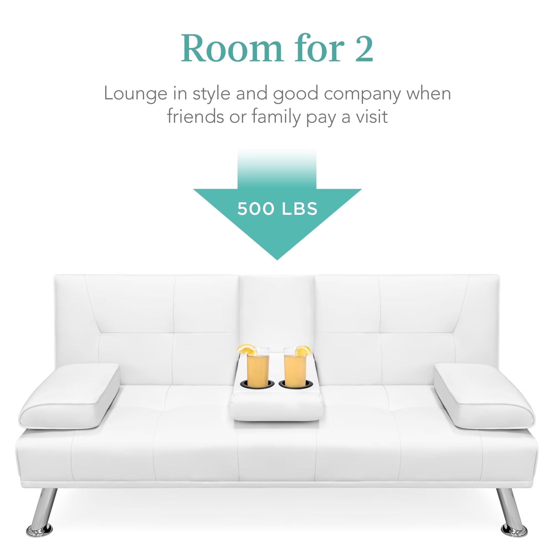 Modern Faux Leather Convertible Futon Sofa W/ Removable Armrests, 2 Cupholders - White