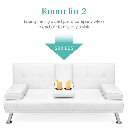 Modern Faux Leather Convertible Futon Sofa W/ Removable Armrests, 2 Cupholders - White