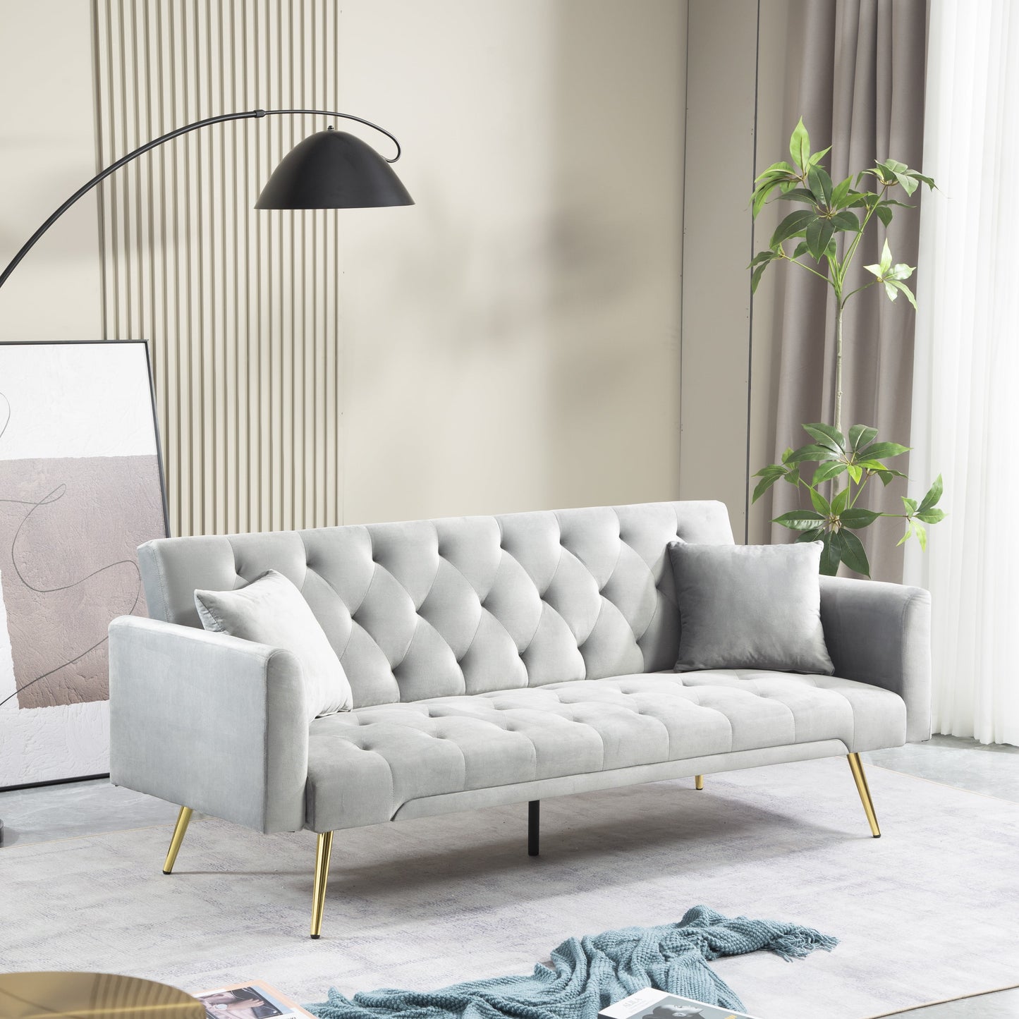 71 Inches Velvet Futon Sofa Bed with 2 Pillows,Modern Convertible Futon Couch with 3 Adjustable Backrest Angles and Gold Metal Feet,Suitable for Apartment,Living Room,Small Space,Gray