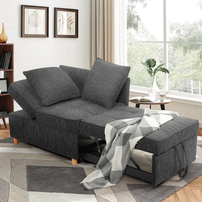 4-In-1 Convertible Chair Bed, Linen Sleeper Chair for Small Space, Futon Sofa Bed with 2 Throw Pillows for Living Room, Single Recliner with 5 Adjustable Backrest for Bedroom Apartment, Black
