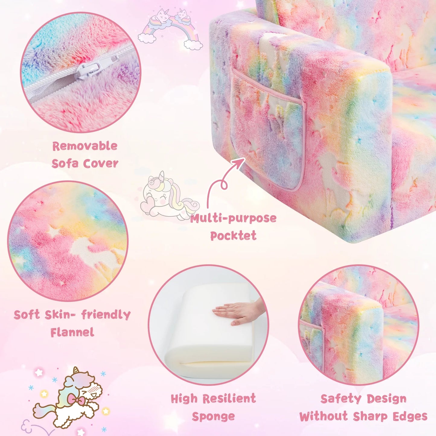Glow-In-The-Dark Unicorn Toddler Sofa, 2-In-1 Foldable Plush Chair & Lounger for Kids Boys & Girls, Removable Washable Cover