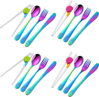 Stainless Steel Kids Silverware with Training Chopsticks, 12 Pieces Rainbow Toddler Utensils for 4-12 Years Old, Food Grade Metal Kids Utensils Set, Children Safe Flatware, Dishwasher Safe,