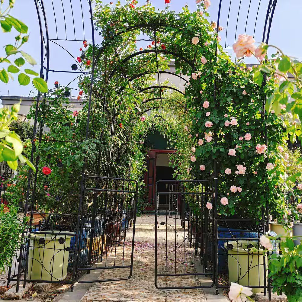 Hot Seller Garden 86.6 In. Iron Arch Black Trellis with Double Gate Design for High Climbing Plants Support Rose