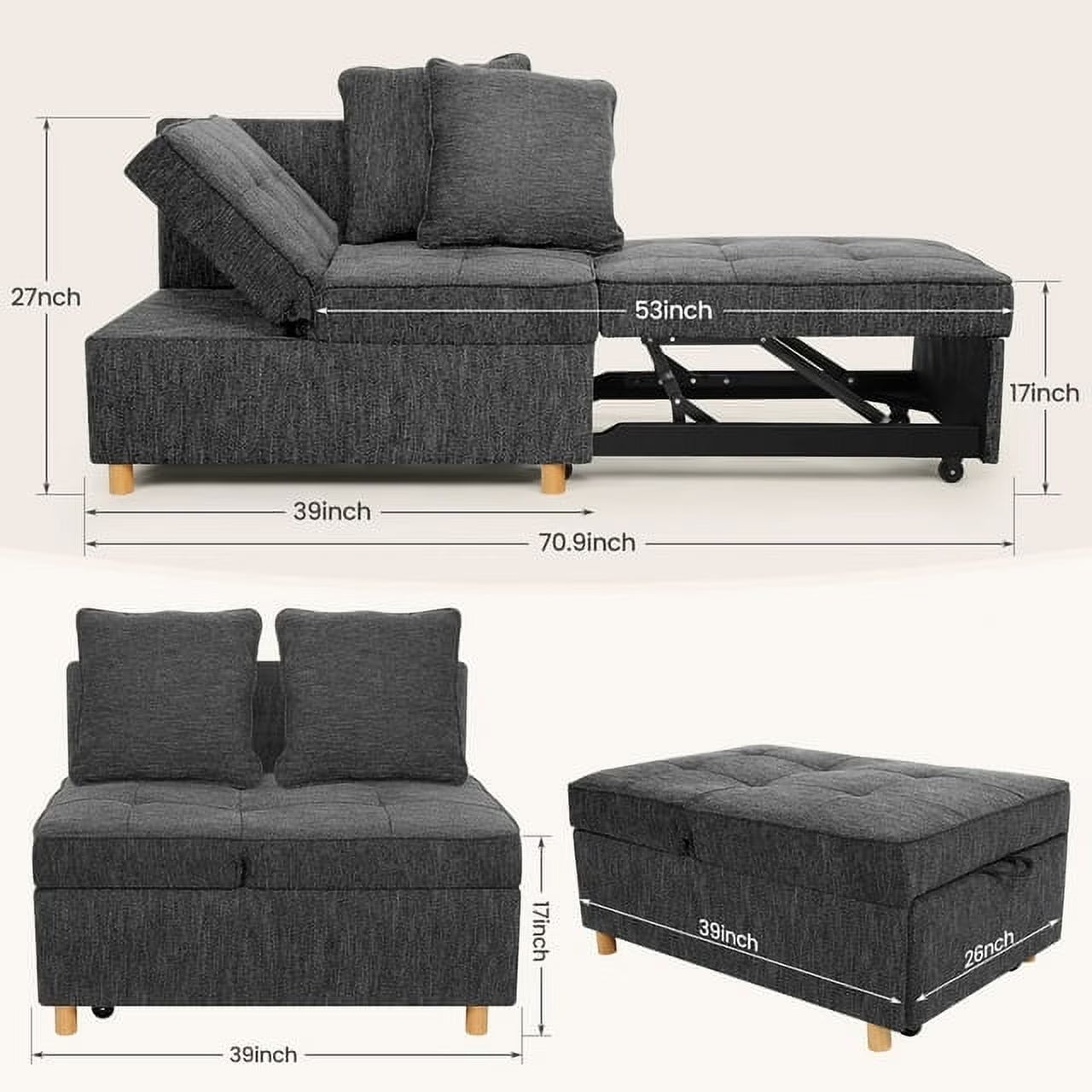 4-In-1 Convertible Chair Bed, Linen Sleeper Chair for Small Space, Futon Sofa Bed with 2 Throw Pillows for Living Room, Single Recliner with 5 Adjustable Backrest for Bedroom Apartment, Black