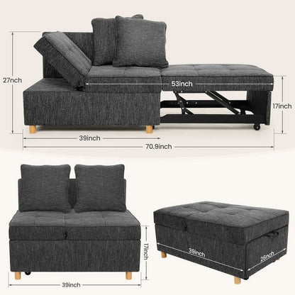 4-In-1 Convertible Chair Bed, Linen Sleeper Chair for Small Space, Futon Sofa Bed with 2 Throw Pillows for Living Room, Single Recliner with 5 Adjustable Backrest for Bedroom Apartment, Black