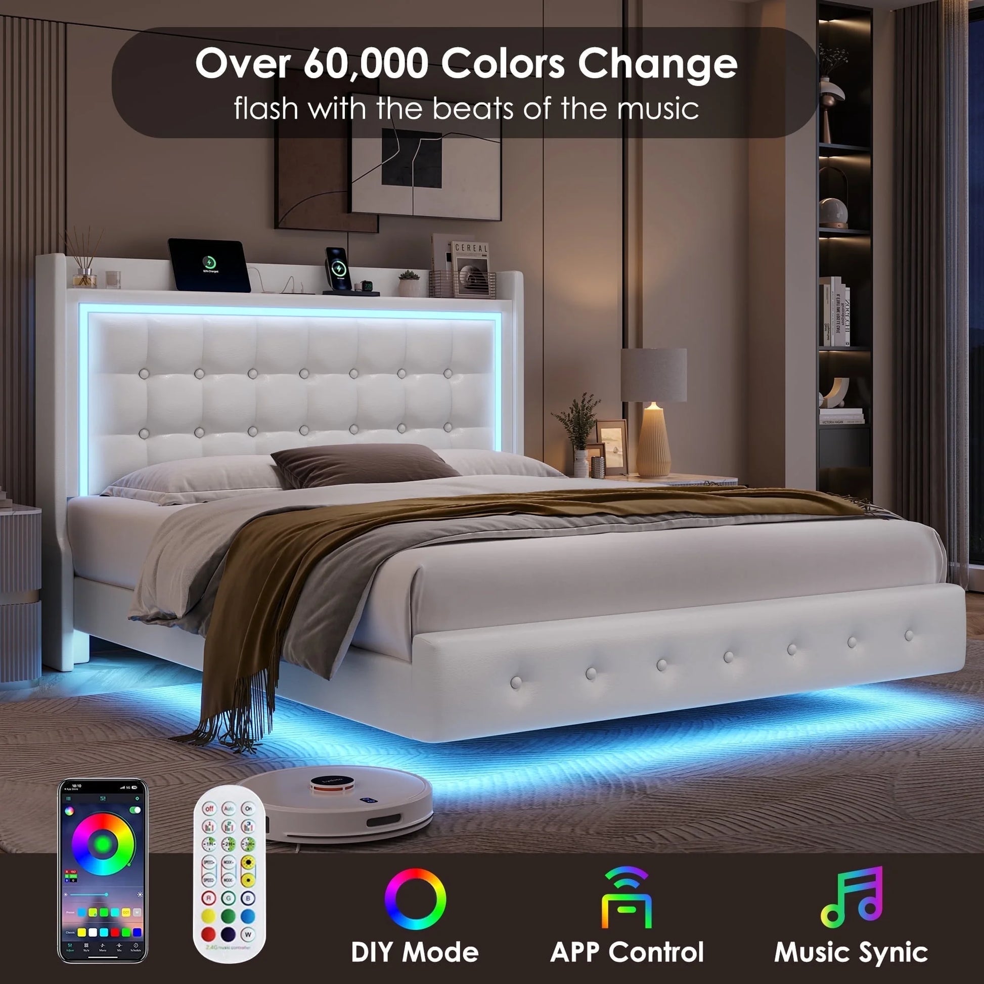 Queen Size Floating Bed with LED Lights Charging Station, Modern PU Upholstered Platform Bed with Storage Headboard, White