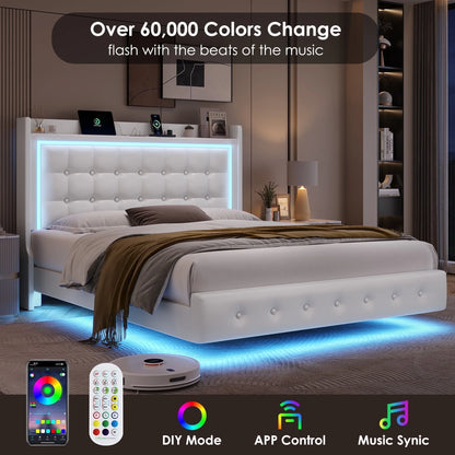 Queen Size Floating Bed with LED Lights Charging Station, Modern PU Upholstered Platform Bed with Storage Headboard, White