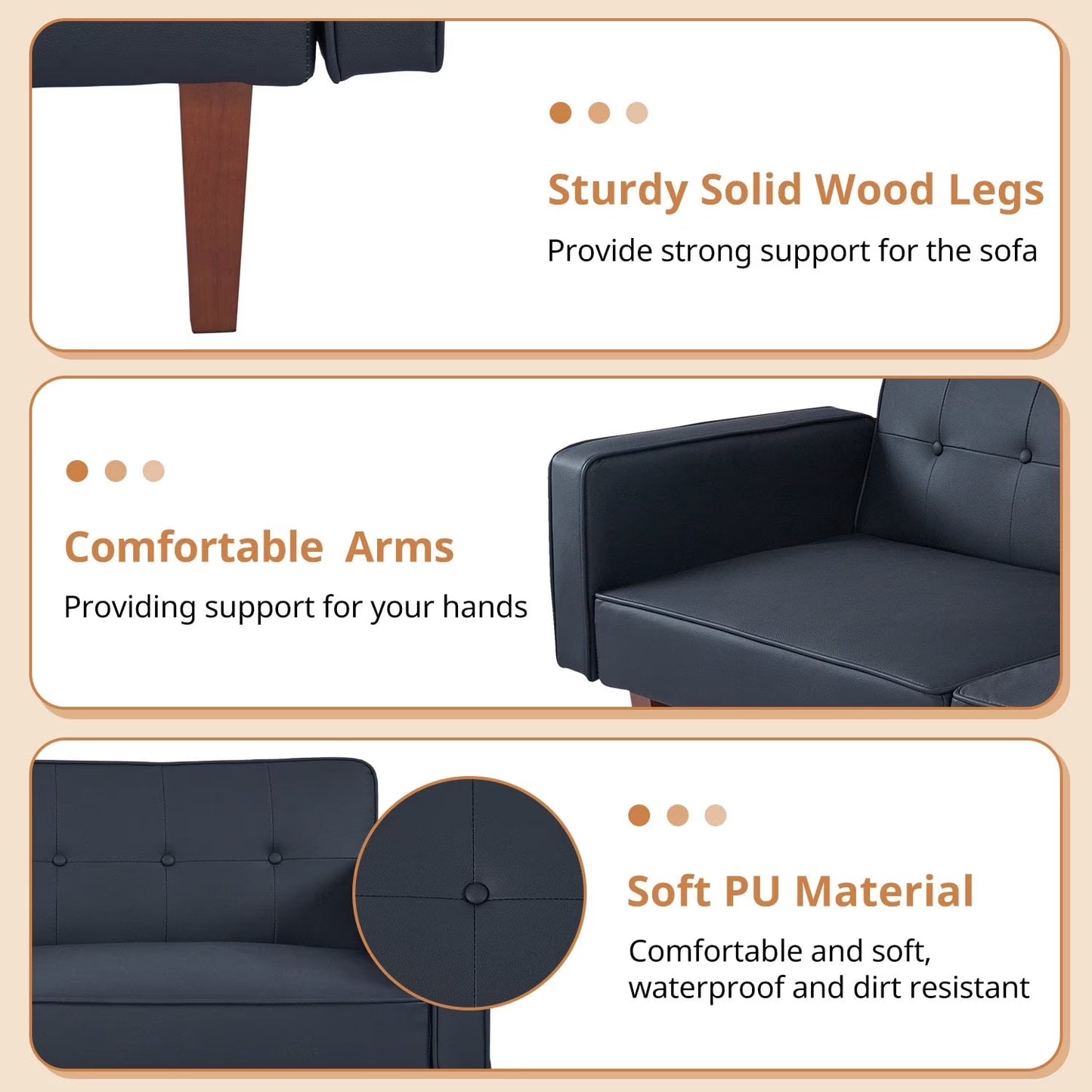 Modern Sofa, Convertible Memory Foam Futon Sofa Bed with Adjustable Armrests and Backrest,Gray